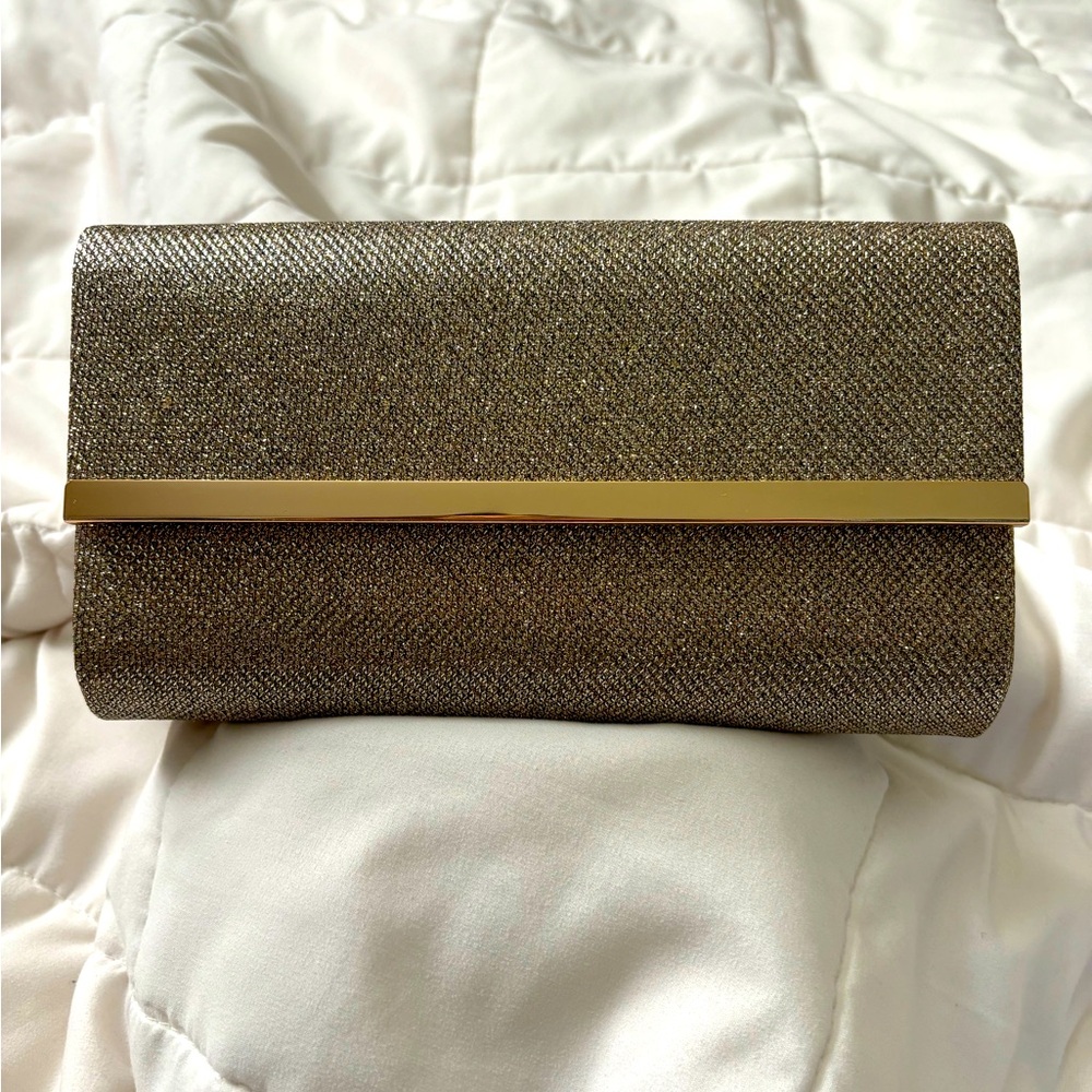 Bare Minerals gold lamé clutch purse w magnet close